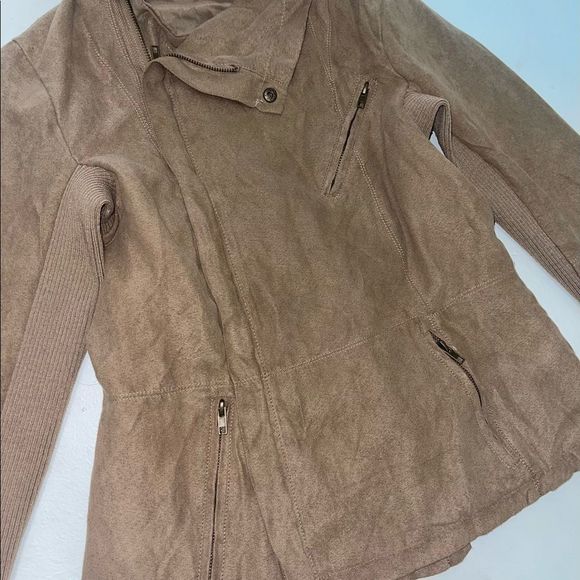 QUINN camel brown tan asymmetrical faux suede zip up jacket long sleeve medium - Picture 3 of 11